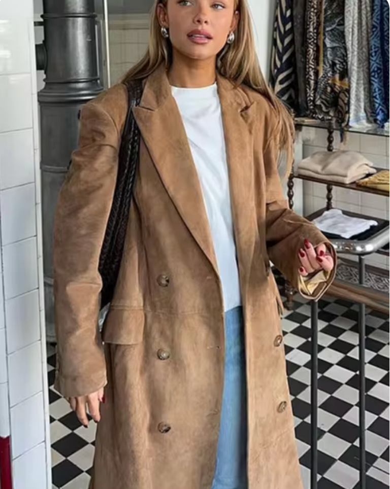 Rosaria | Women's Long Suede Trench Coat Belted Tailored Coat