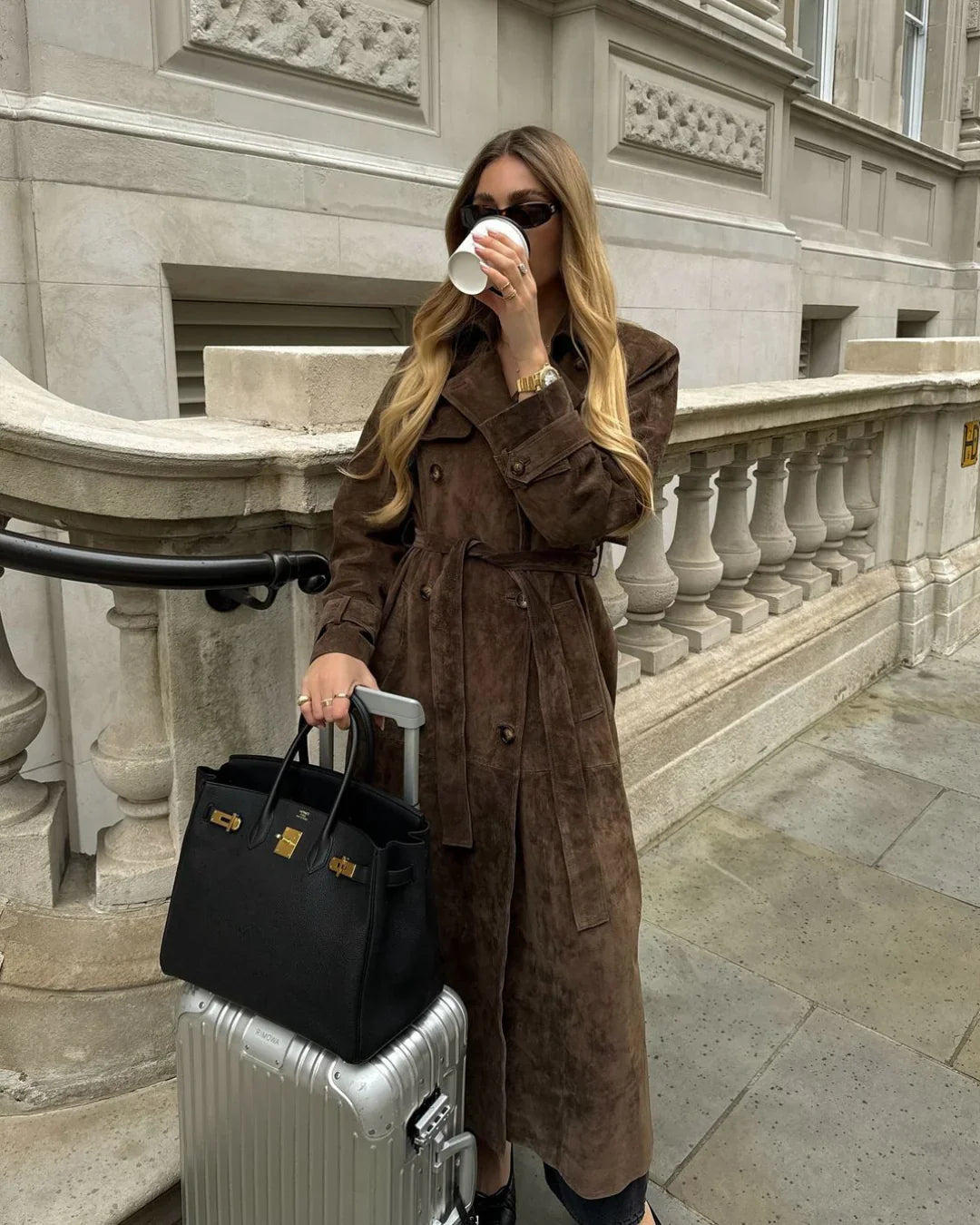 Rosaria | Women's Long Suede Trench Coat Belted Tailored Coat