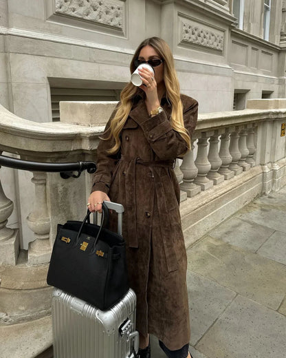 Rosaria | Women's Long Suede Trench Coat Belted Tailored Coat