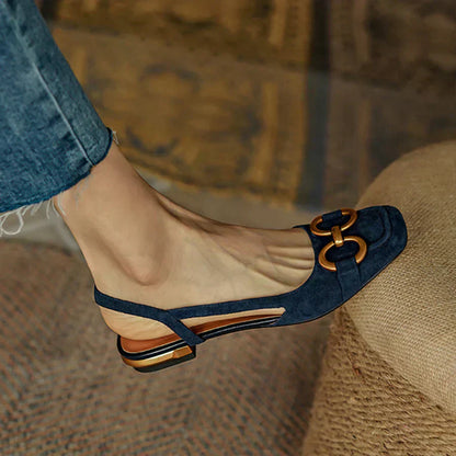 Virginia | Elegant Block Heeled Sandals Suede Slingback Gold Hardware