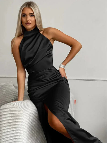 Serena | Women's Satin Maxi Dress Halter Draped High Slit Formal