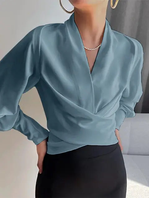 Isabeau | Women's Elegant Draped V-Neck Satin Blouse