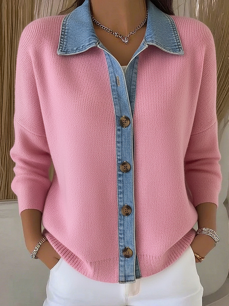 Brindle | Women's Polo Collar Denim Trim Knit Cardigan