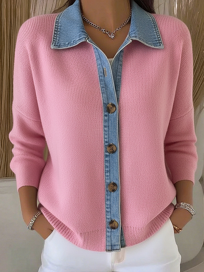 Brindle | Women's Polo Collar Denim Trim Knit Cardigan