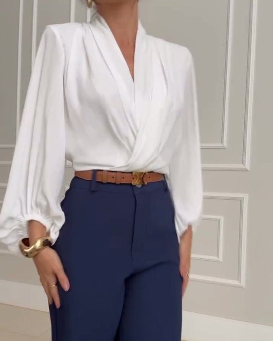 Vireo | Women's V-Neck Lantern Sleeve Draped Blouse