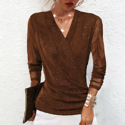 Maribel | Women's Elegant Draped Sparkle V Neck Blouse