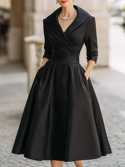 Reece | Satin A-Line Wrap Collar 3/4 Sleeve Midi Wedding Guest Dress
