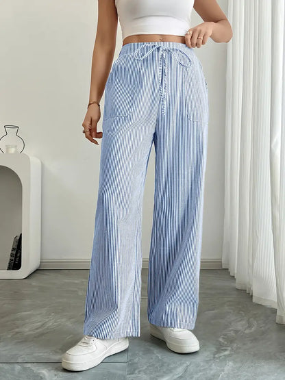 Marisol | Women's Wide Leg Striped Drawstring Beach Pants