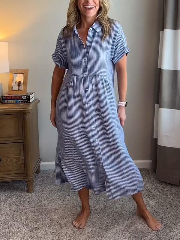 Brooke | Short Sleeve Striped Collared Button Up Casual Summer Midi Dress