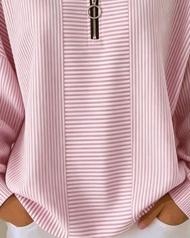 Lysandra | Women's Half-Zip Long-Sleeve Striped Blouse