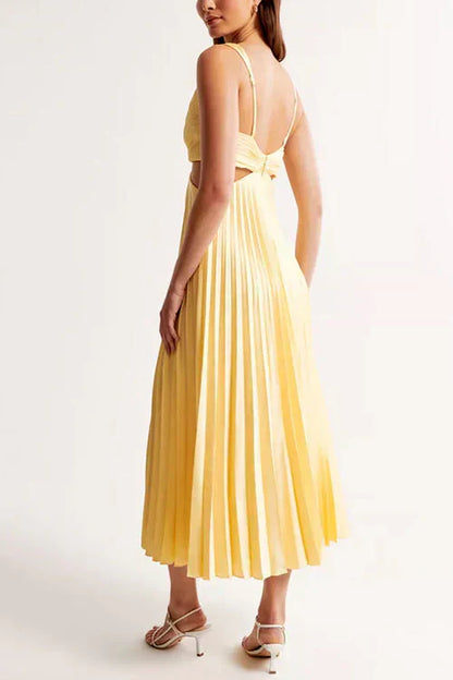 Evangeline | Cut Out Waist Deep V Neck Accordion Pleated Maxi Wedding Guest Dress