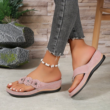 Pippa | Floral Appliqué Thong Wedge Slip On Orthopedic Sandal