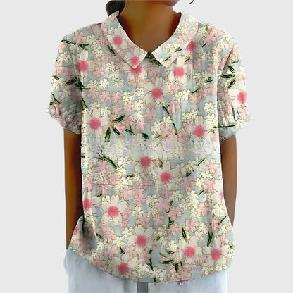 Jenna | Short Sleeve Floral Print Collared Relaxed Linen Blouse