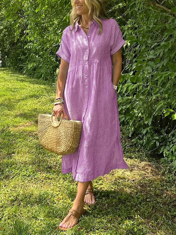 Brooke | Short Sleeve Striped Collared Button Up Casual Summer Midi Dress