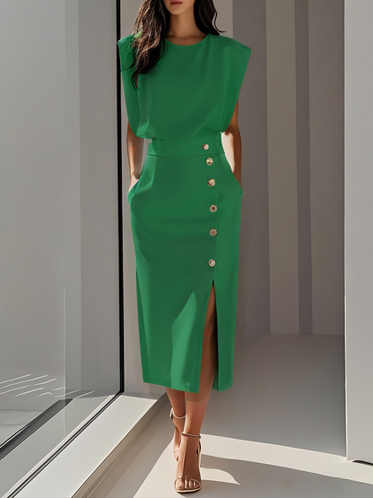 Quinn | Structured Shoulder Sleeveless Button Detail Midi Elegant Dress