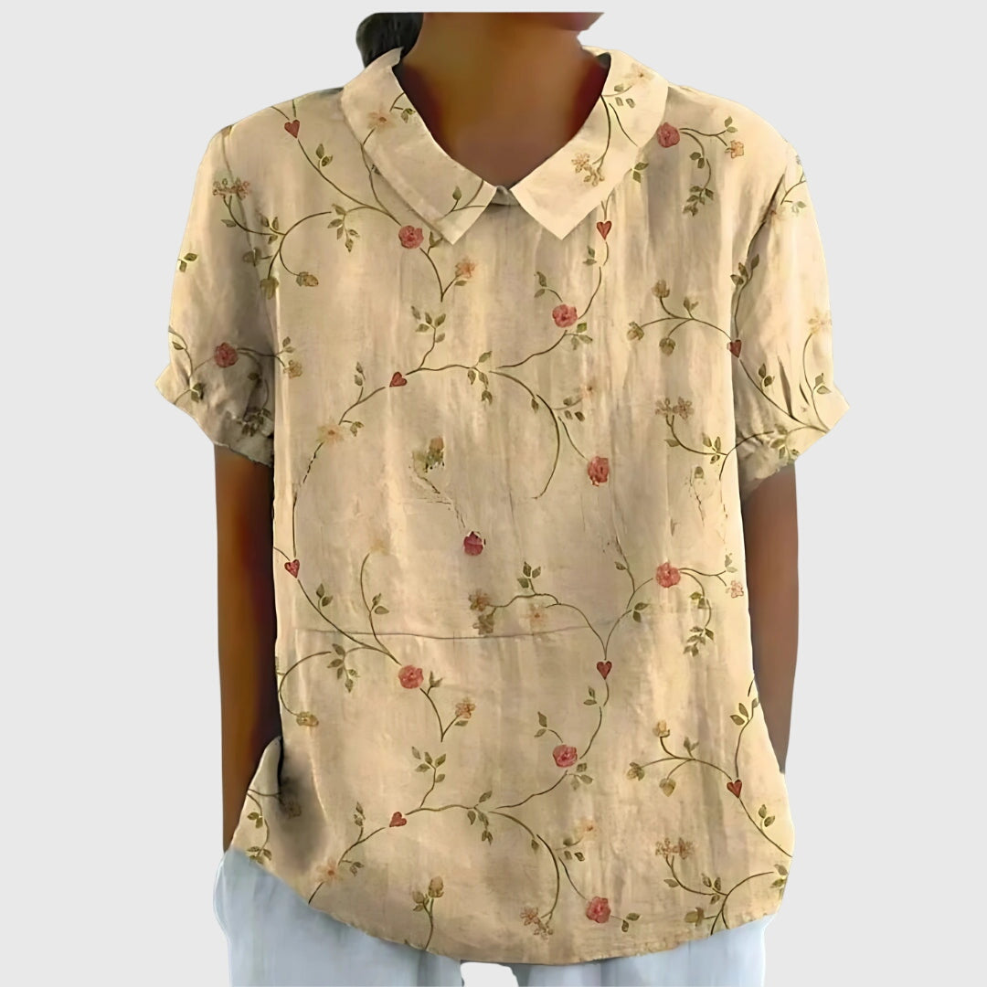 Jenna | Short Sleeve Floral Print Collared Relaxed Linen Blouse