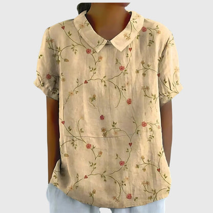 Jenna | Short Sleeve Floral Print Collared Relaxed Linen Blouse