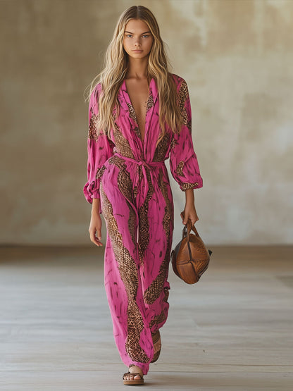 Allegra | Snake Print Deep V Neck Tie Waist Long Sleeve Wide Leg Jumpsuit