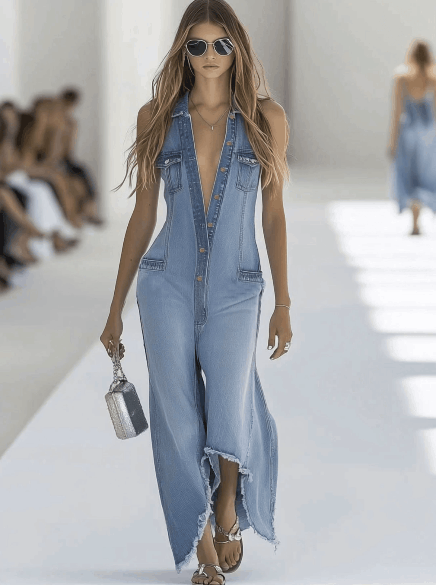 Andromeda | Denim Button Front Sleeveless Raw Hem Wide Leg Jumpsuit