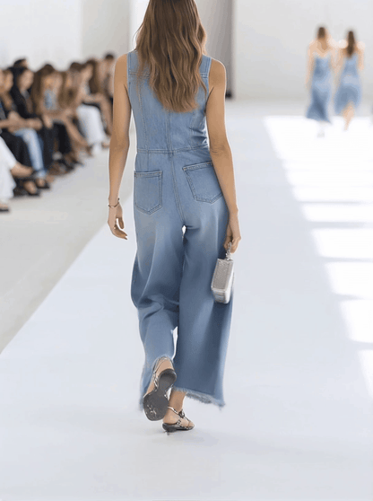 Andromeda | Denim Button Front Sleeveless Raw Hem Wide Leg Jumpsuit