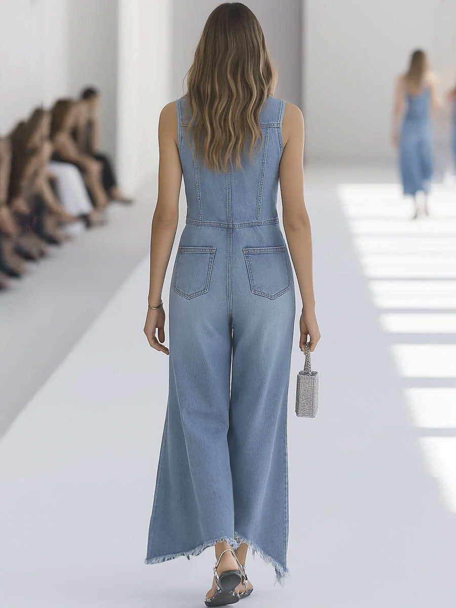 Andromeda | Denim Button Front Sleeveless Raw Hem Wide Leg Jumpsuit