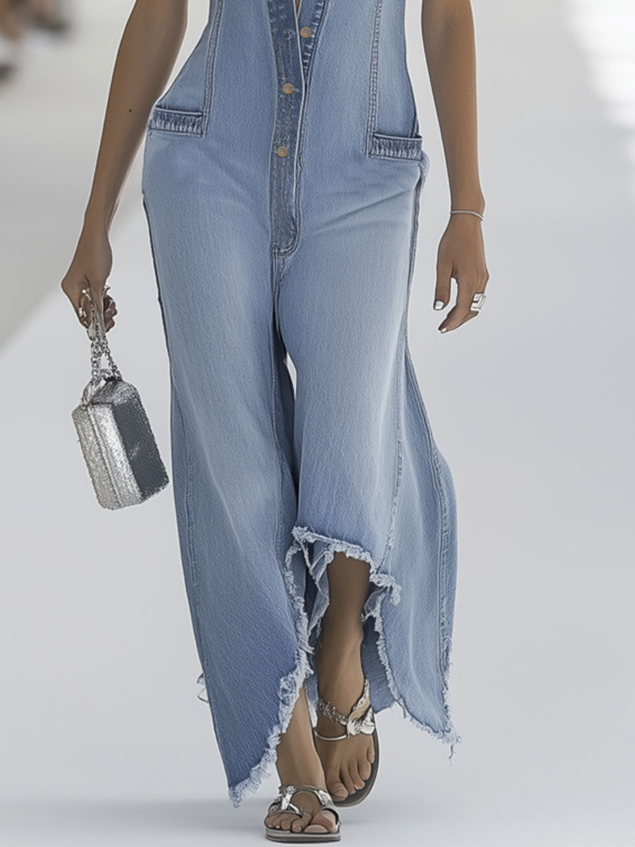 Andromeda | Denim Button Front Sleeveless Raw Hem Wide Leg Jumpsuit