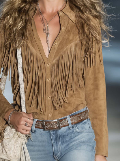 Aspen | Spread Collar Button Front Long Sleeve Fringe Western Shirt