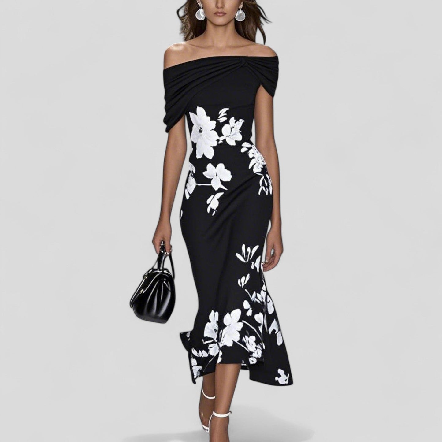 Isabrunel | Floral Off Shoulder Draped Ruffle Hem Bodycon Midi Dress