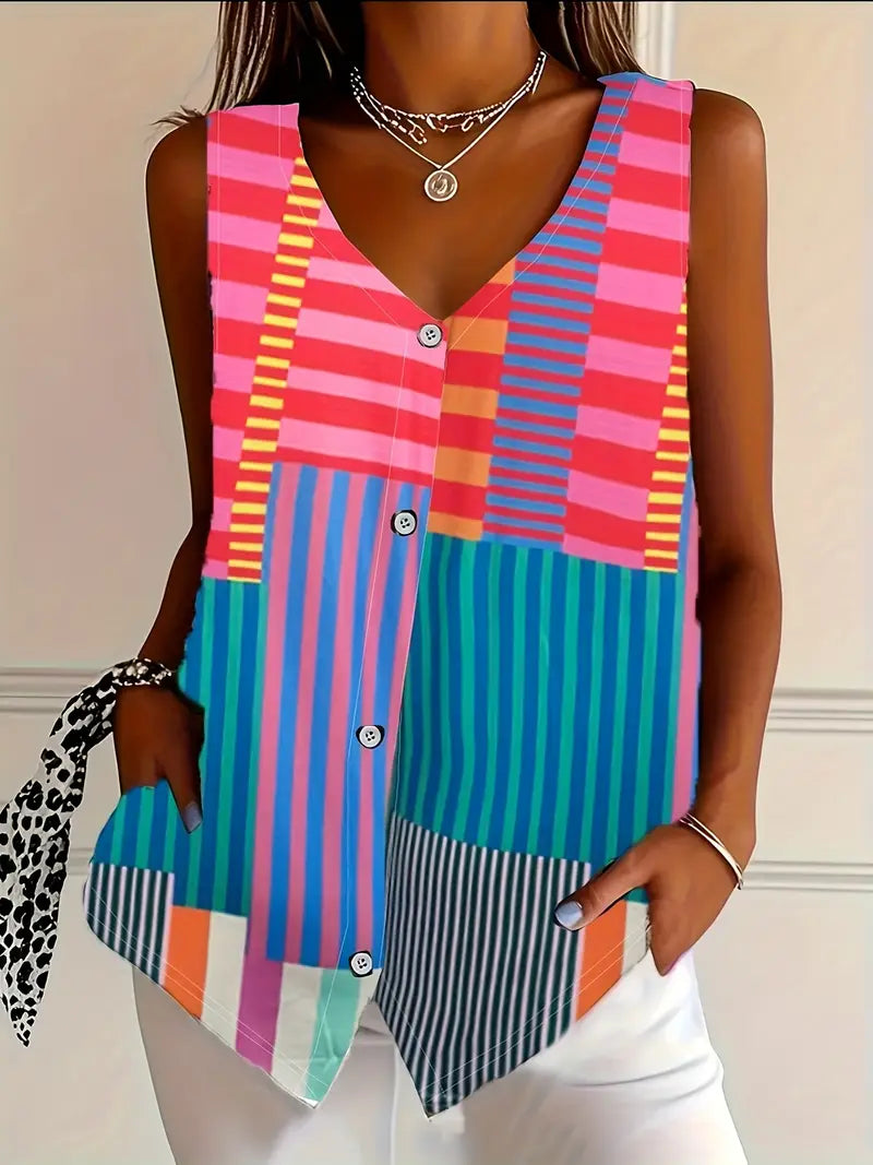 Meliyrah | Sleeveless Zebra Print V Neck Button Down Relaxed Blouse