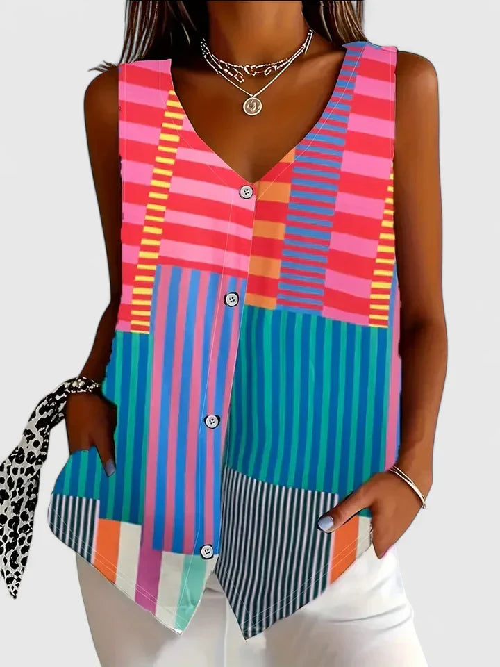 Meliyrah | Sleeveless Zebra Print V Neck Button Down Relaxed Blouse