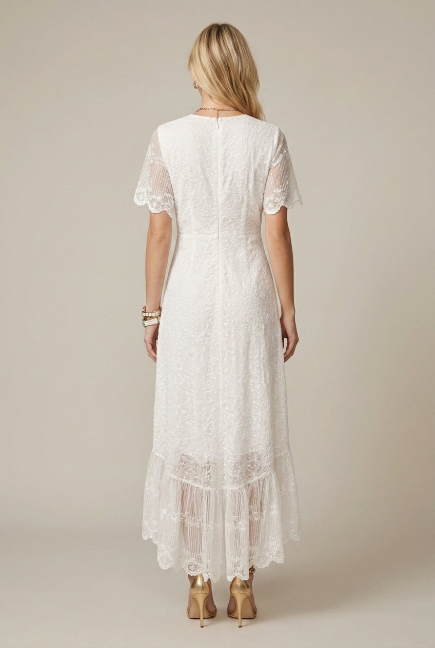 Clara | Lace V Neck Short Sleeve Button Front Maxi Dress