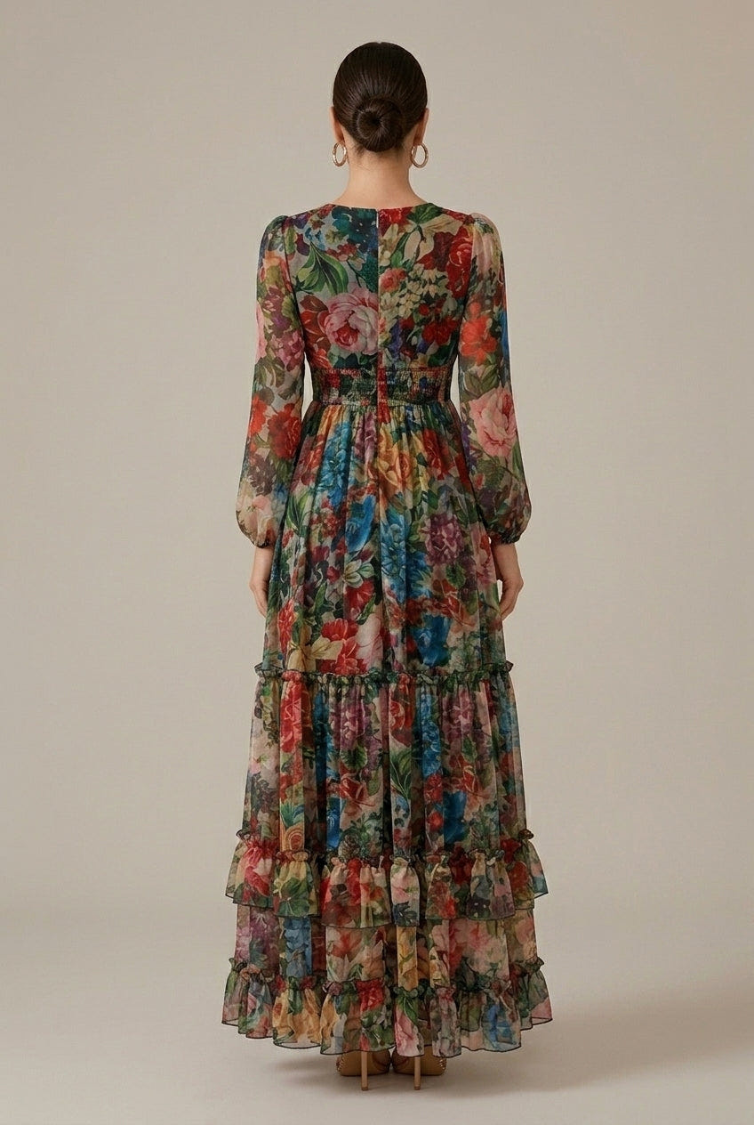 Vera | Floral Long Sleeve V Neck Tiered Ruffle Maxi Dress