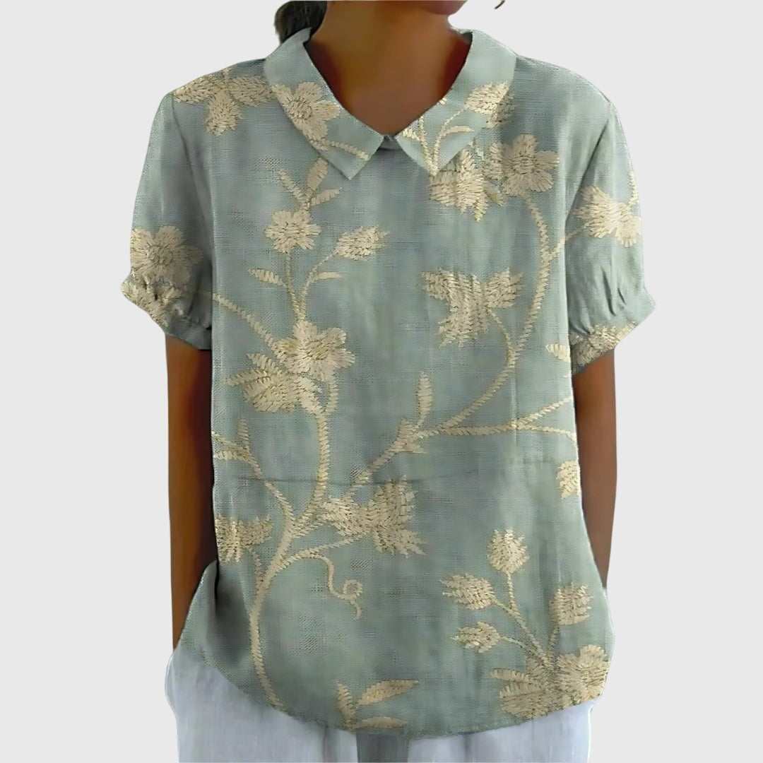 Jenna | Short Sleeve Floral Print Collared Relaxed Linen Blouse
