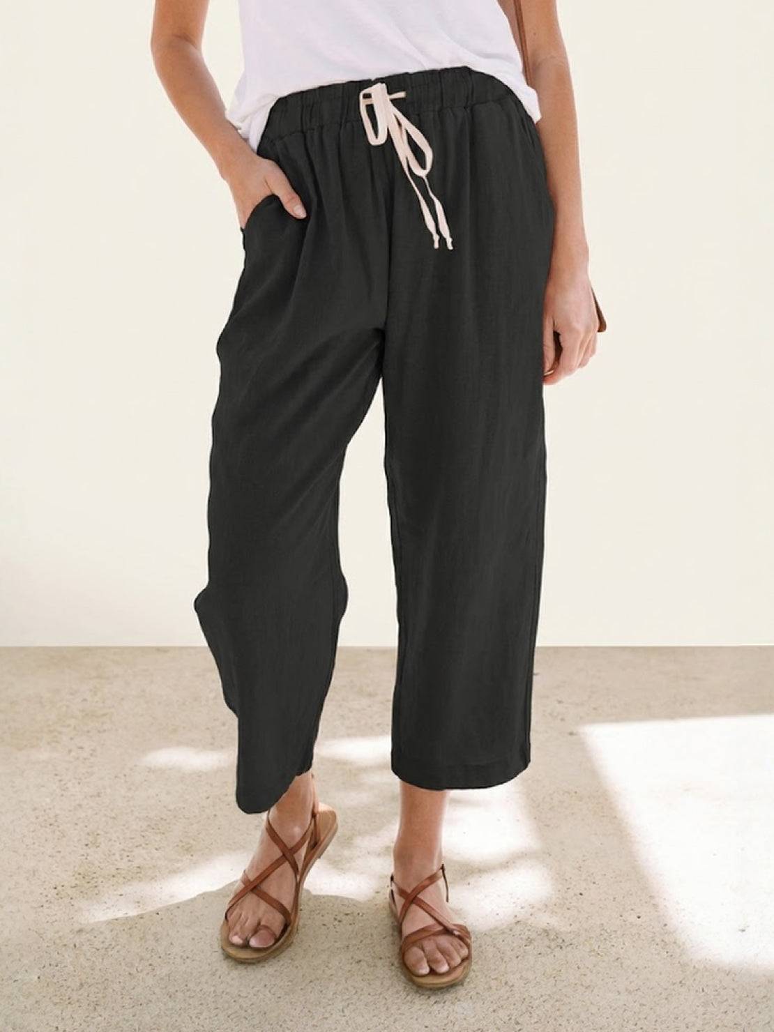 Emily | Drawstring Waist Slim Tapered Cuffed Linen Blend Casual Pants