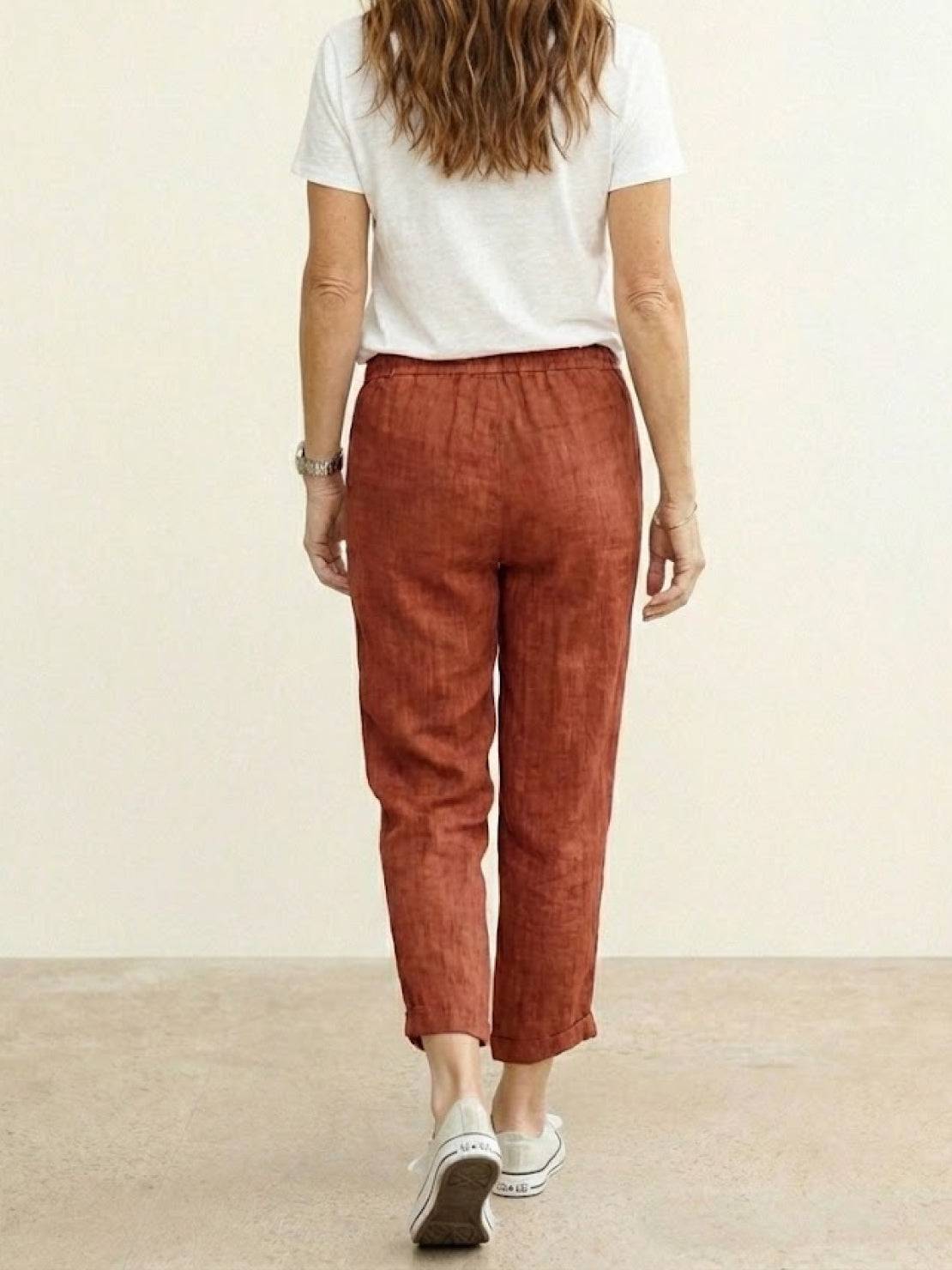 Emily | Drawstring Waist Slim Tapered Cuffed Linen Blend Casual Pants