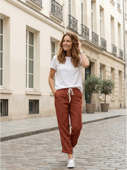 Emily | Drawstring Waist Slim Tapered Cuffed Linen Blend Casual Pants