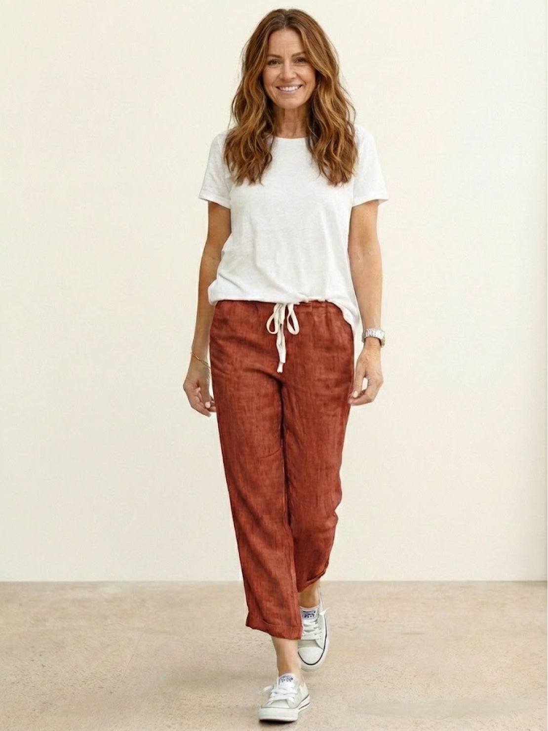 Emily | Drawstring Waist Slim Tapered Cuffed Linen Blend Casual Pants