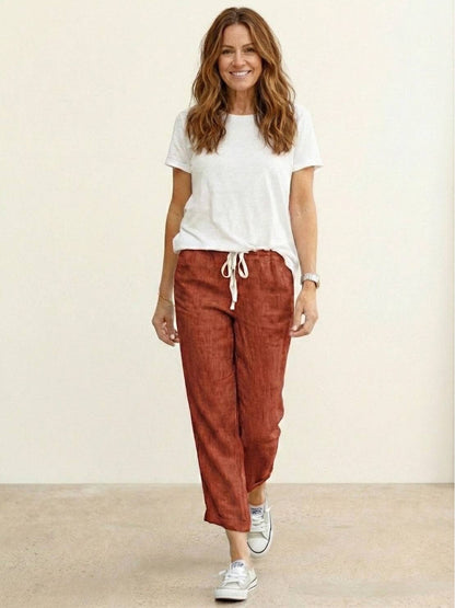 Emily | Drawstring Waist Slim Tapered Cuffed Linen Blend Casual Pants