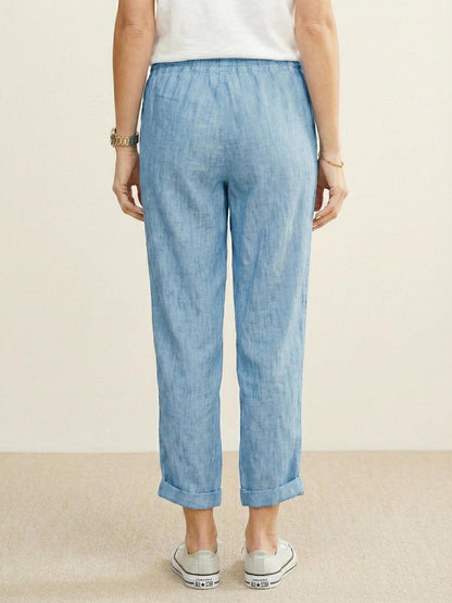 Emily | Drawstring Waist Slim Tapered Cuffed Linen Blend Casual Pants