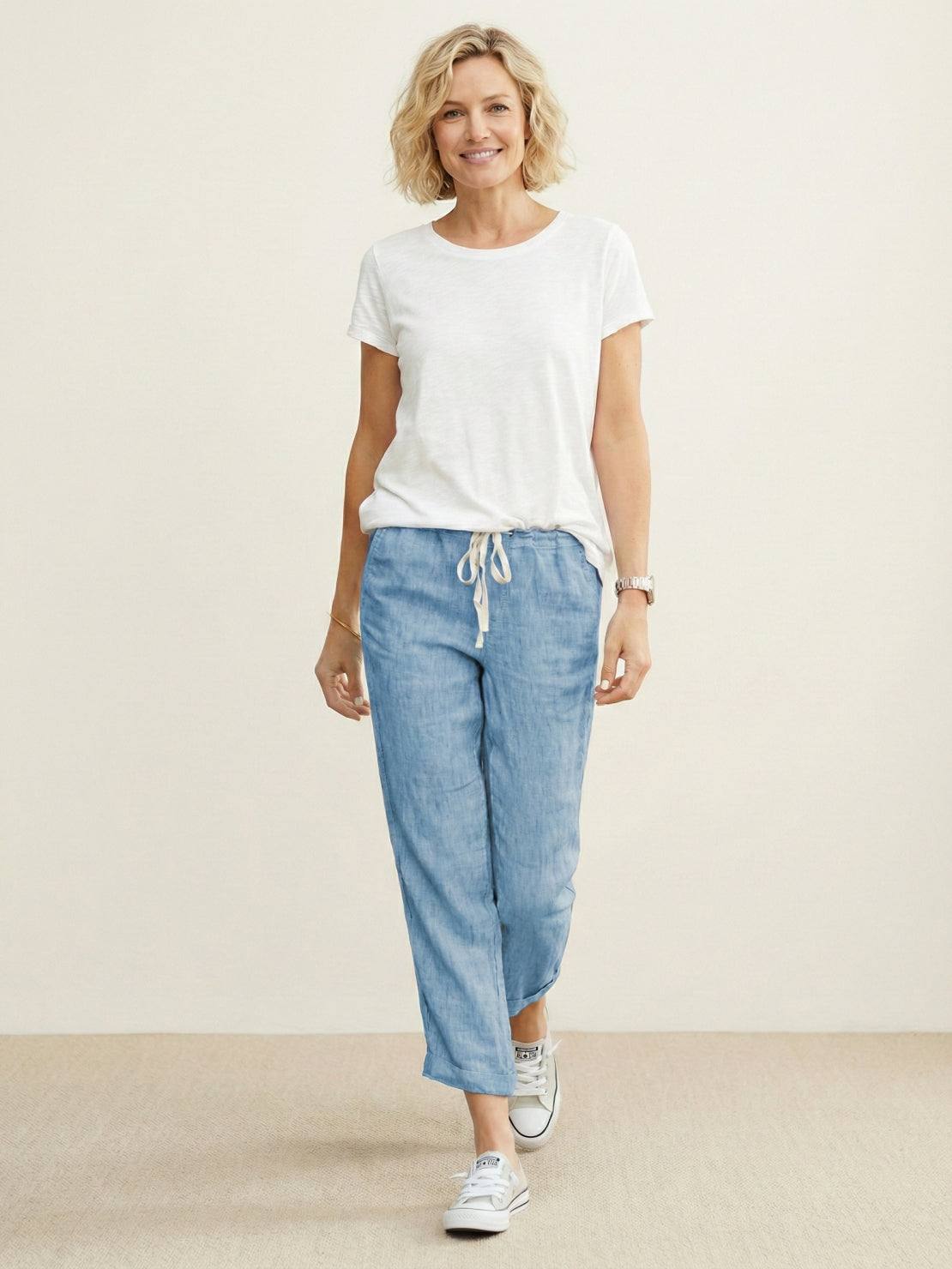 Emily | Drawstring Waist Slim Tapered Cuffed Linen Blend Casual Pants