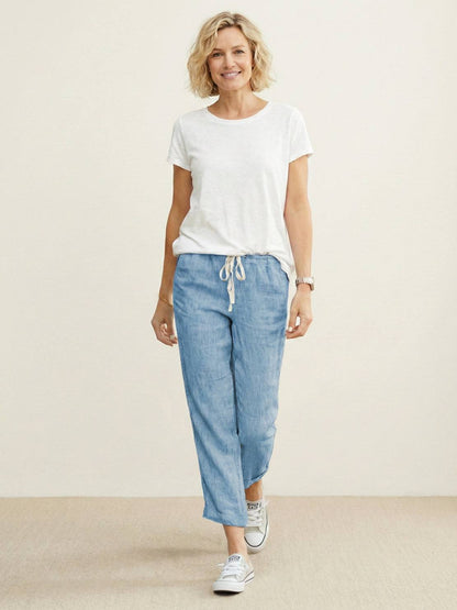 Emily | Drawstring Waist Slim Tapered Cuffed Linen Blend Casual Pants