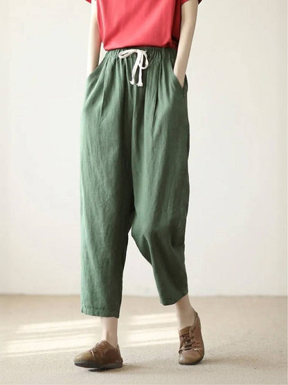 Emily | Drawstring Waist Slim Tapered Cuffed Linen Blend Casual Pants