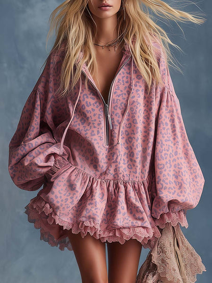 Briony | Leopard Print Half Zip Hoodie Balloon Sleeve Ruffle Lace Hem Mini Dress