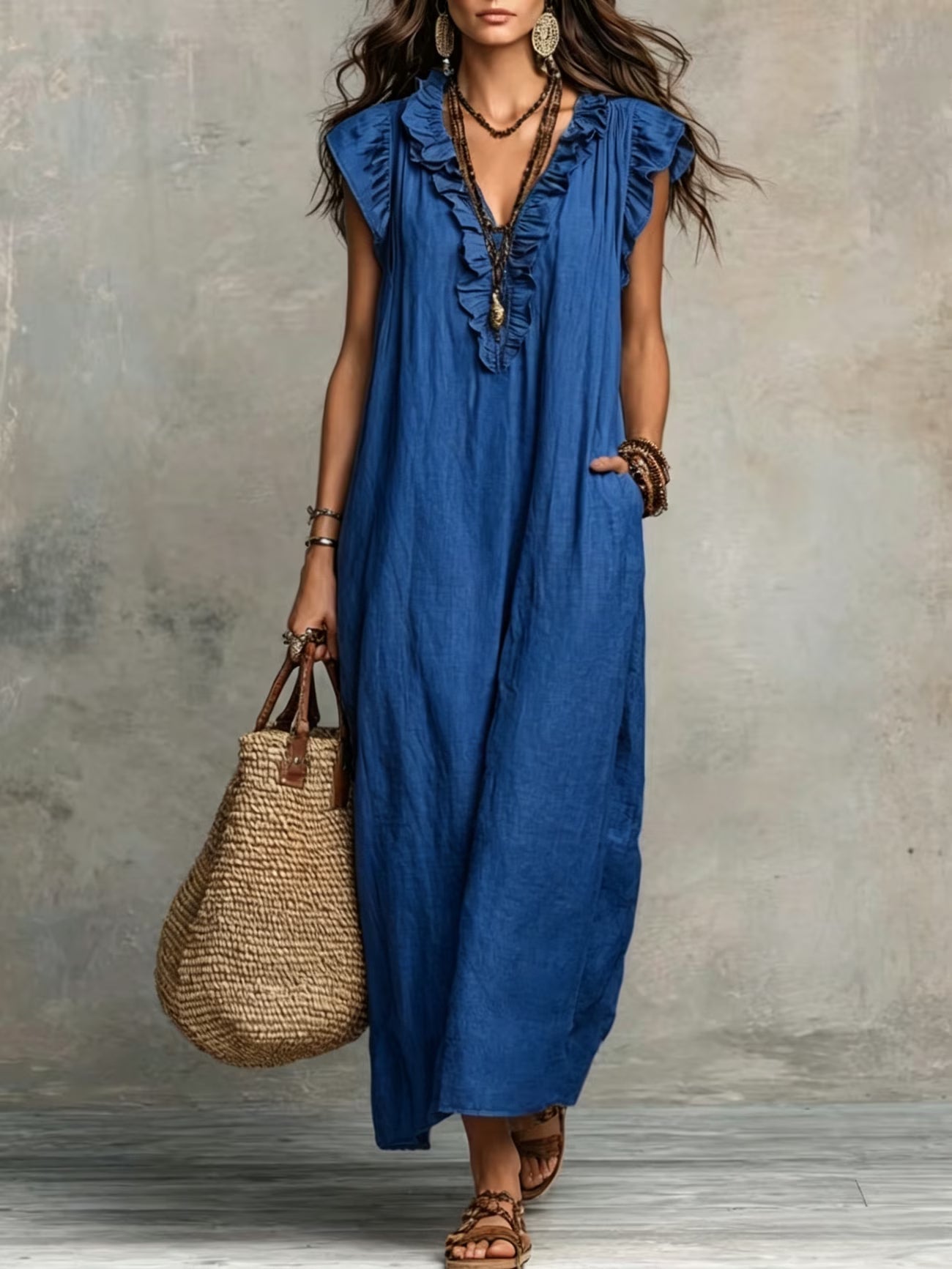 Delfina | Women's Ruffle V-Neck Relaxed Summer Maxi Dress