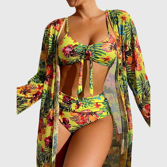 Tropica | Tropical Floral Print Tie Front High Waist Bikini Three Piece Set