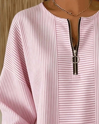 Lysandra | Women's Half-Zip Long-Sleeve Striped Blouse