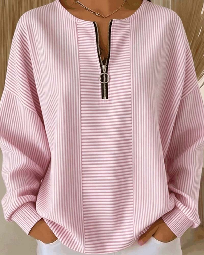 Lysandra | Women's Half-Zip Long-Sleeve Striped Blouse
