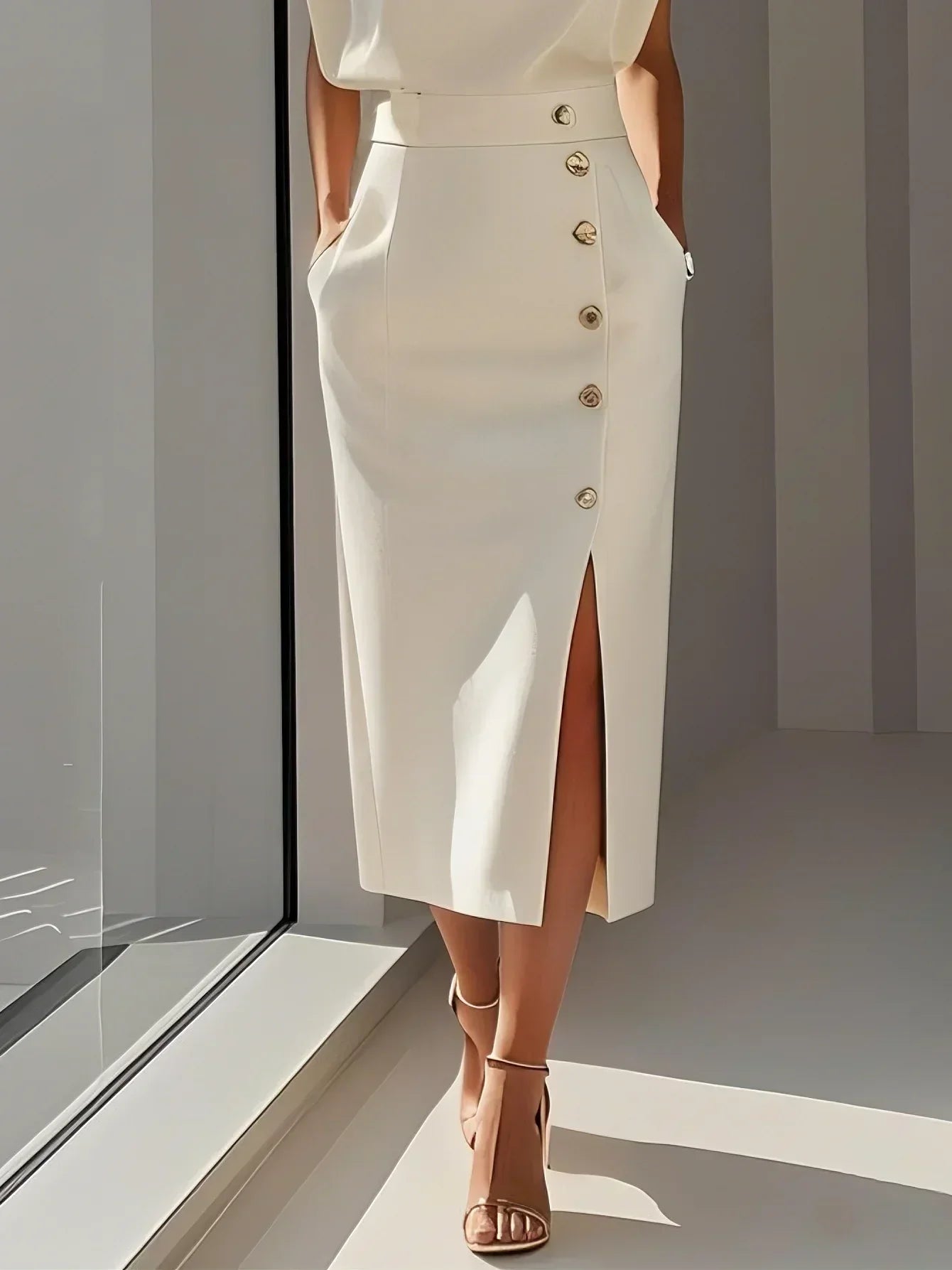 Quinn | Structured Shoulder Sleeveless Button Detail Midi Elegant Dress