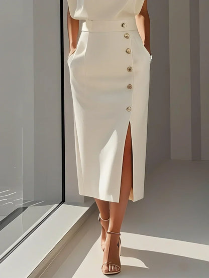 Quinn | Structured Shoulder Sleeveless Button Detail Midi Elegant Dress