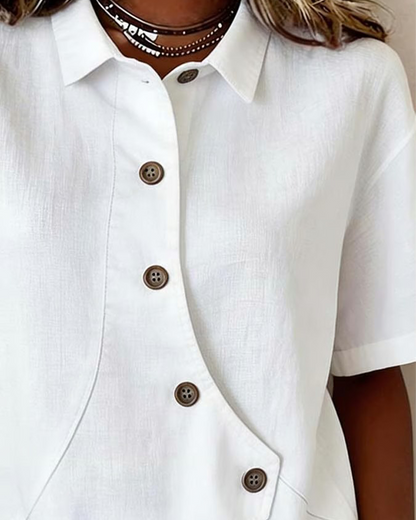 Marlowe | Women's Asymmetrical Placket Button Down Linen Blend Shirt